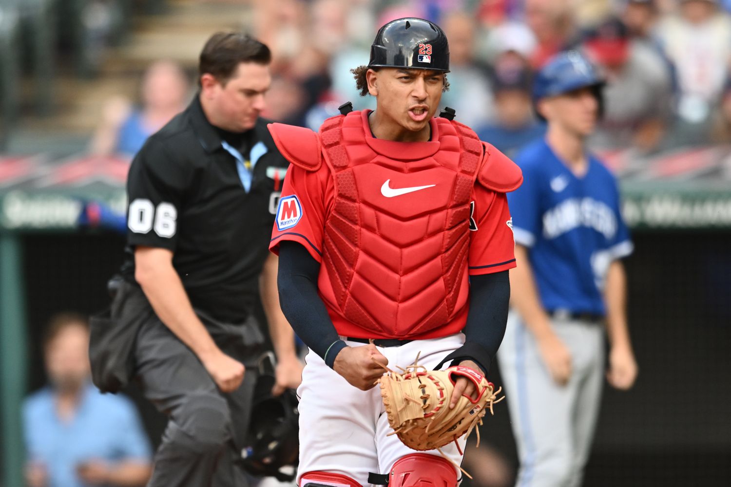 Jul 8, 2023; Cleveland, Ohio, USA; Cleveland Guardians catcher Bo Naylor (23) reacts after tagging out Kansas City Royals second baseman Nicky Lopez (not pictured) during the eighth inning at Progressive Field. Mandatory Credit: Ken Blaze-USA TODAY Sports